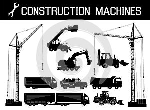 Construction equipment: trucks, excavators, bulldozer, elevator, cranes. Detailed silhouettes of construction machines isolated