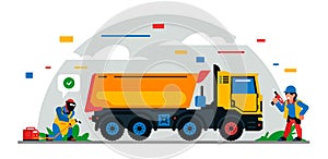 Construction equipment and workers at the site. Colorful background of geometric shapes and clouds. Builders