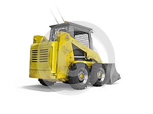 Construction equipment yellow mini skid steer 3d render on white background with shadow