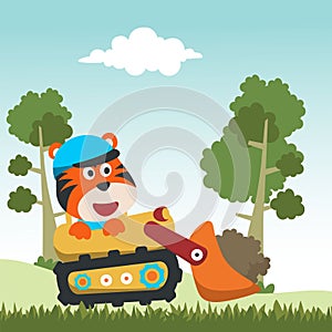 Construction equipments cartoon vector with cute animal on tractor, Can be used for t-shirt print, kids wear fashion design,