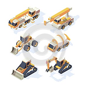 Construction equipments. Machinery isometric building technics cars cranes excavator digger hydraulic vehicle vector set
