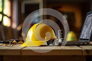 Construction essentials, Blueprints, yellow helmet, and computer on site