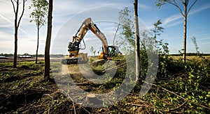 Construction excavator clearing land