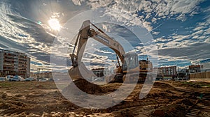 Construction Excavator on Work Site Against Dramatic Sky at Sunset. Industrial Machinery and Development. Urban