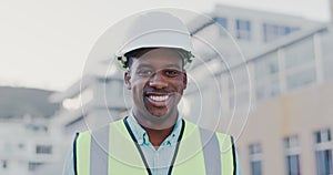 Construction, face and happy black man in city for building project, site maintenance or civil engineering. Portrait