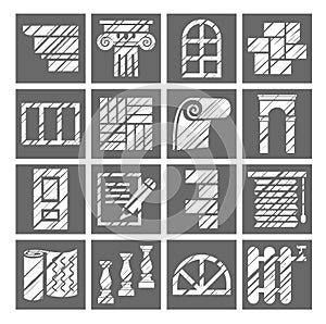 Construction and finishing materials, icons, shading pencil, white, gray, vector.