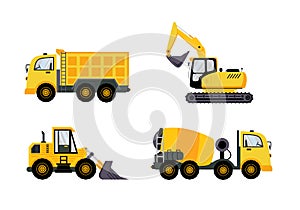 Construction flat element set design, collection of vehicle equipment with truck, excavator, bulldozer, and cement car or dumper.