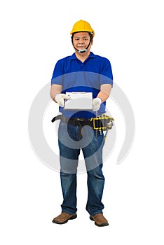 Construction foreman in blue shirt with Protective gloves, helmet with tool belt hand holding clipboard and presenting receiving