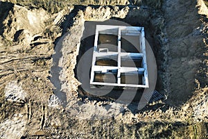 Construction of the foundation of the building from concrete blocks. view from above. drone photography. Prefabricated foundation