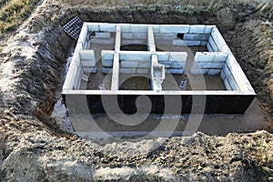 Construction of the foundation of the building from concrete blocks. view from above. drone photography. Prefabricated foundation