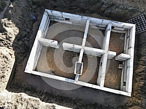 Construction of the foundation of the building from concrete blocks. view from above. drone photography. Prefabricated foundation