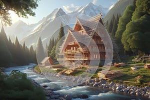 Construction of an A-frame house in mountains on river