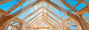 Construction Framework Under Bright Blue Sky Showcasing Progress on a Wooden Structure