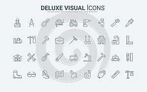 Construction gear and equipment, tools of toolbox, maintenance service line icons set