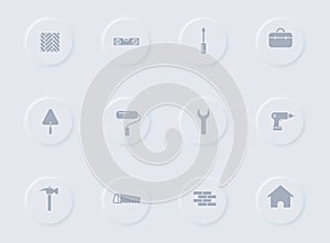 construction gray vector icons on round rubber buttons