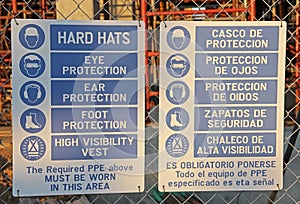 Construction Hard Hat Sign in English and Spanish photo