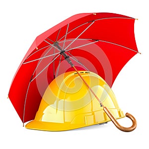 Construction hard hat under umbrella, 3D rendering