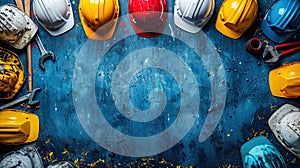 Construction Hardhats and Tools on Blue Background