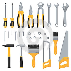 Construction hardware industrial tools vector flat icons