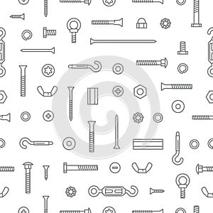 Construction hardware, screws, bolts, nuts and rivets pattern background. Equipment stainless, fasteners, metal fixation