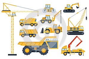 Construction heavy equipment. Crane and building machinery, road roller, excavator, tractor, cement mixer truck and