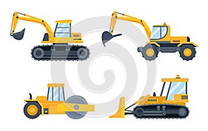 Construction heavy equipment. Engineering machines for building as excavator, bulldozer, tractor and loader