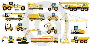 Construction heavy machinery, building equipment and vehicles. Forklift, excavator, crane, tractor, bulldozer, excavator