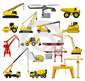 Construction Heavy Machinery with Crane, Excavator, Concrete Mixer and Truck Big Vector Set