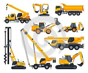 Construction Heavy Machinery Set, Heavy Special Transport, Truck, Excavator, Bulldozer, Crane Service Vehicles Vector