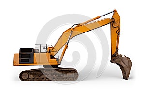 Construction heavy tools yellow excavator hydraulic shovel earth digger on white background