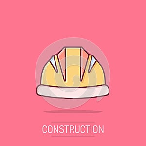 Construction helmet icon in comic style. Safety cap cartoon vector illustration on isolated background. Worker hat splash effect
