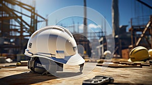 Construction helmet rests on a dusty surface with a blurred backdrop of a construction site. AI generated