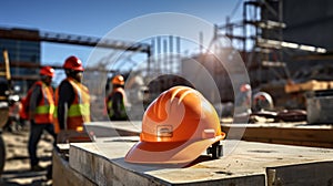 Construction helmet rests on a dusty surface with a blurred backdrop of a construction site. AI generated