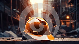 Construction helmet rests on a dusty surface with a blurred backdrop of a construction site. AI generated