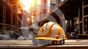 Construction helmet rests on a dusty surface with a blurred backdrop of a construction site. AI generated