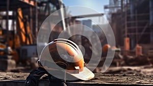 Construction helmet rests on a dusty surface with a blurred backdrop of a construction site. AI generated
