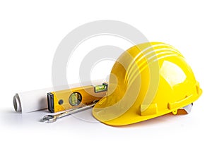 Construction helmet and tools for engineering work project on white background with clipping path