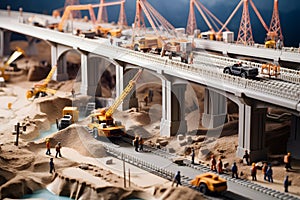 Construction of a highway bypass. Miniature model of a construction site