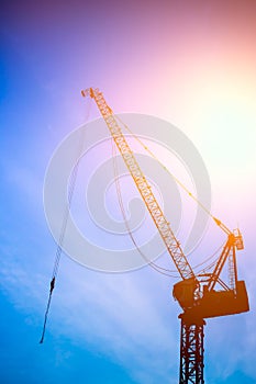 Construction hoisting cranes silhouette against blue sky