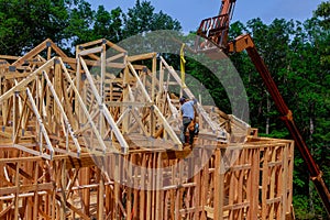 Construction home framing on residential beam roofing wooden new house