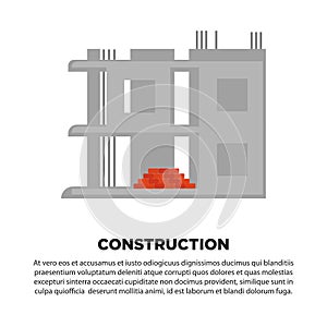 Construction of house banner. Unfinished concrete building with red bricks