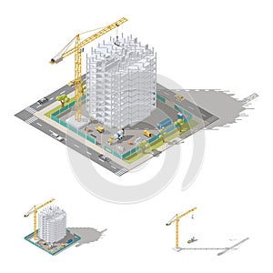 Construction of house, monolithic frame of the building isometric low poly icon set