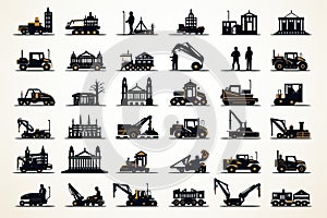 Construction icon element set. Contains crane, building, land, excavator, maintenance, contractor, worker, architecture