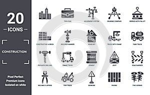 construction icon set. include creative elements as  , derrick with pallet, truck with crane, cement, tow truck, pickaxes drilling
