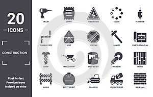 construction icon set. include creative elements as driller, plumb bob, hammer, paint bucket, safety helmet, screw filled icons