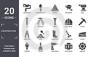 construction icon set. include creative elements as painter roller, anvil, safety helmet, rubber boots, bolster, repair pliers