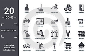 construction icon set. include creative elements as scraper, doors open, sand brush, stopping, trolley with cargo, man painting