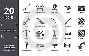 construction icon set. include creative elements as screwdriver, tool box, digging bar, spade tool, dumper, pick axe filled icons