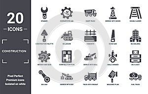 construction icon set. include creative elements as spanner, double ladder, wood saw, derrick with ball, derrick with box, wrench