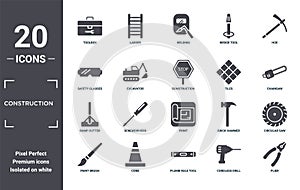 construction icon set. include creative elements as toolbox, hoe, tiles, print, cone, bump cutter filled icons can be used for web